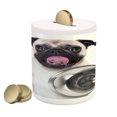 thumbnail image 1 of Pug Piggy Bank, Pug Holding Food Bowl and Licking Its Lips Hunger Image Raising Its Hand, Ceramic Coin Bank Money Box for Cash Saving, 3.6" X 3.2", Cream Grey Black, by Ambesonne, 1 of 4
