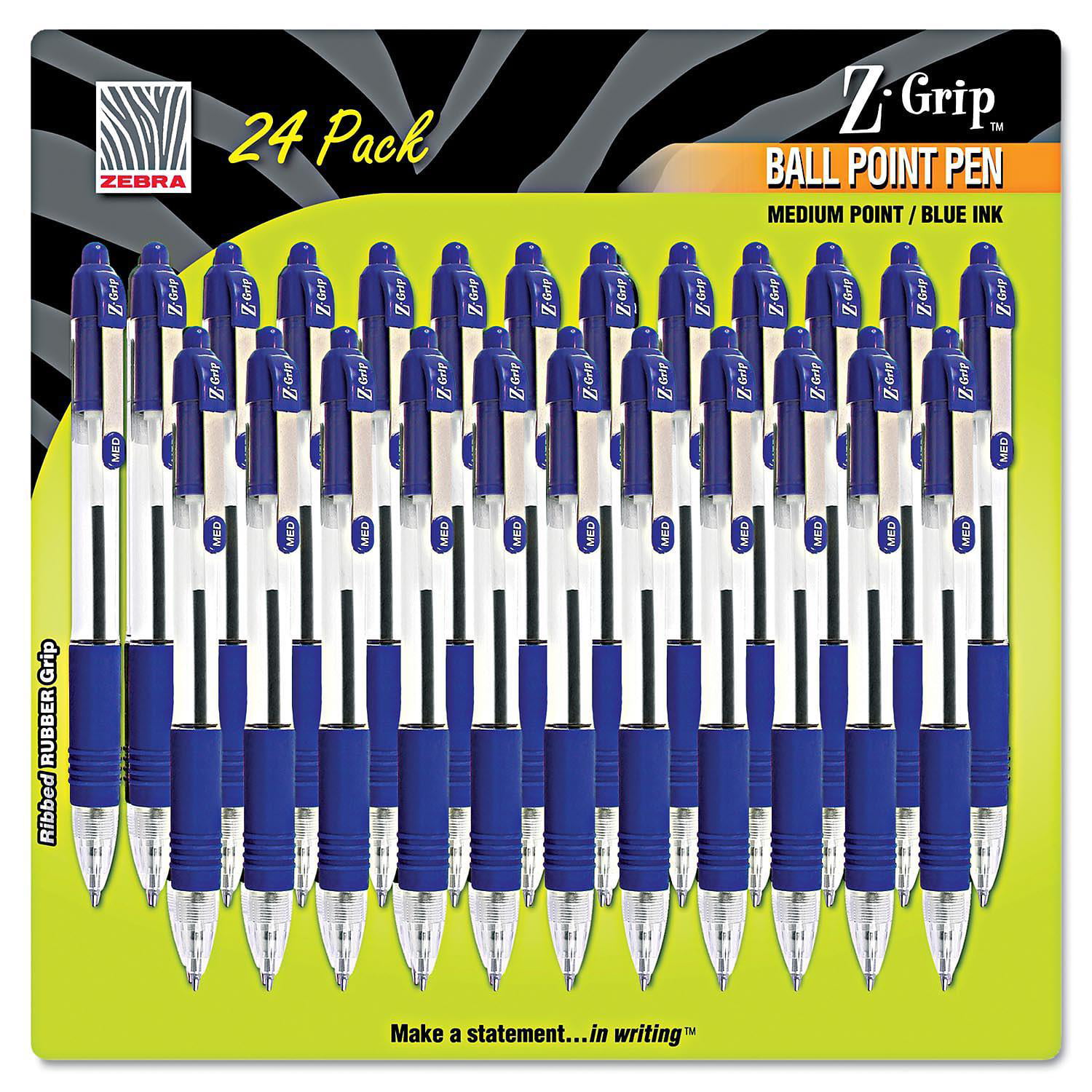 24 Pack Pens Zebra Retractable Ball Point Pen Medium Point Z-Grip Blue 