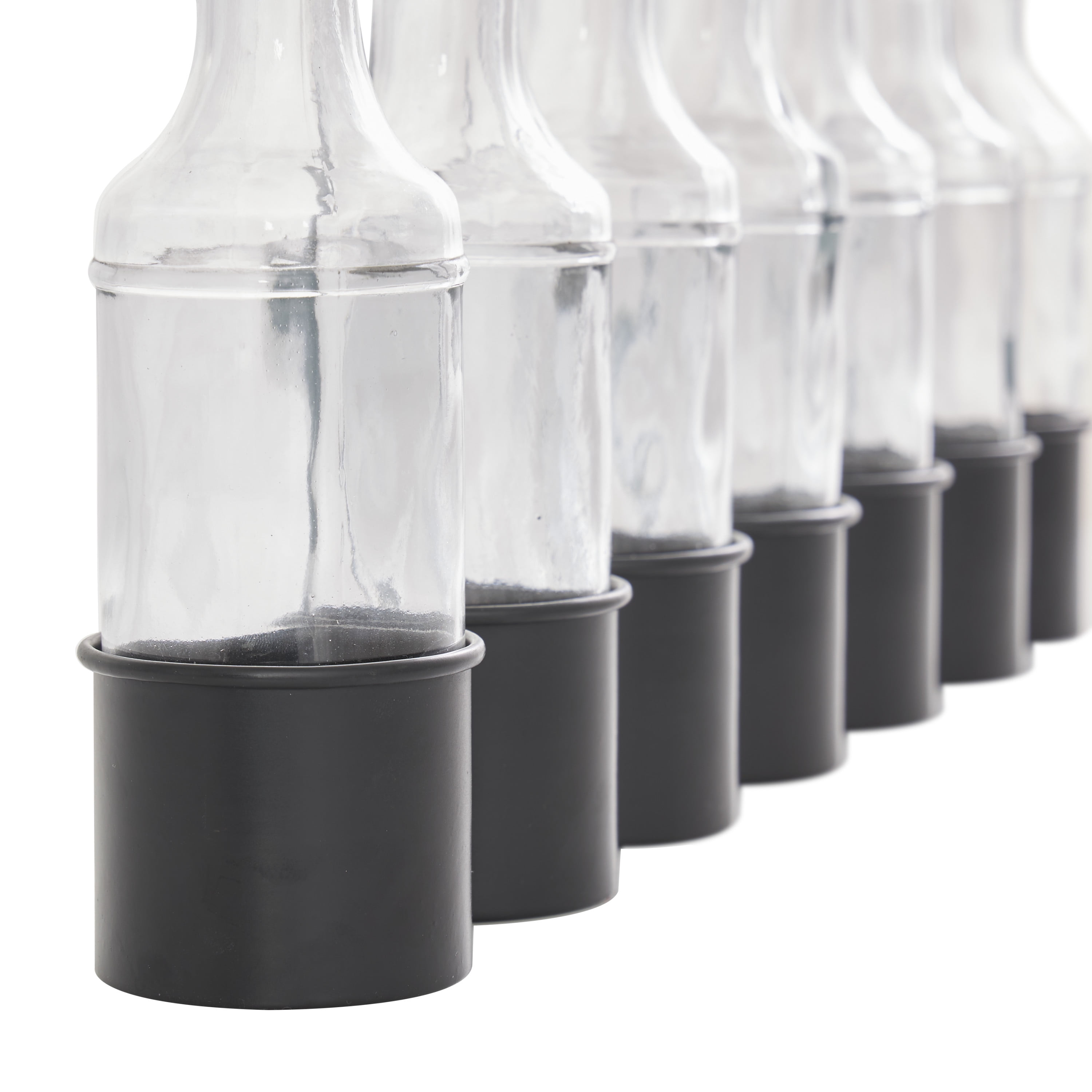 DecMode 8" Adjustable Bottle Black Metal Vase with Clear Glass Bottles