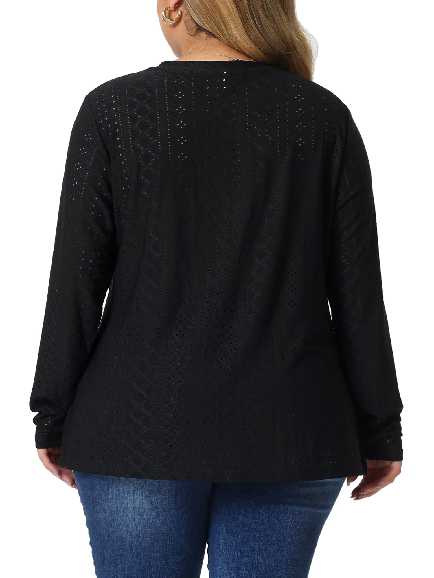 Unique Bargains Women's Plus Size V Neck Long Sleeve Hollow Blouse Tunic Tops 4X Black