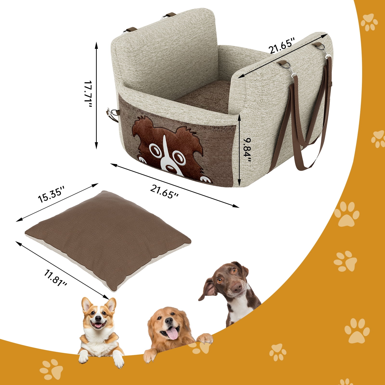 Baxluxe Pet Booster Seat for Car, Secure Travel Carrier Dog Car Seat with Safe Buckle, Portable Dog Bed Carrier Bag with Foam Filling, Thickened Dog Car Seat for Puppy, 21"Lx21"Wx17"H, Beige