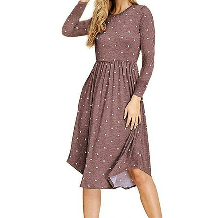 Autumn and Winter Dresses Polka Dot Printed Women's Long-sleeved Round Neck Pleated Pocket Dress
