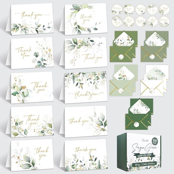 100 Pack Gold-Foiled 6x4in Sage Green Thank You Cards with Envelopes, 10 Elegant Designs Folded Eucalyptus Thank You Cards with Envelopes, Blank Inside - Wedding, Bridal Shower, Baby Shower