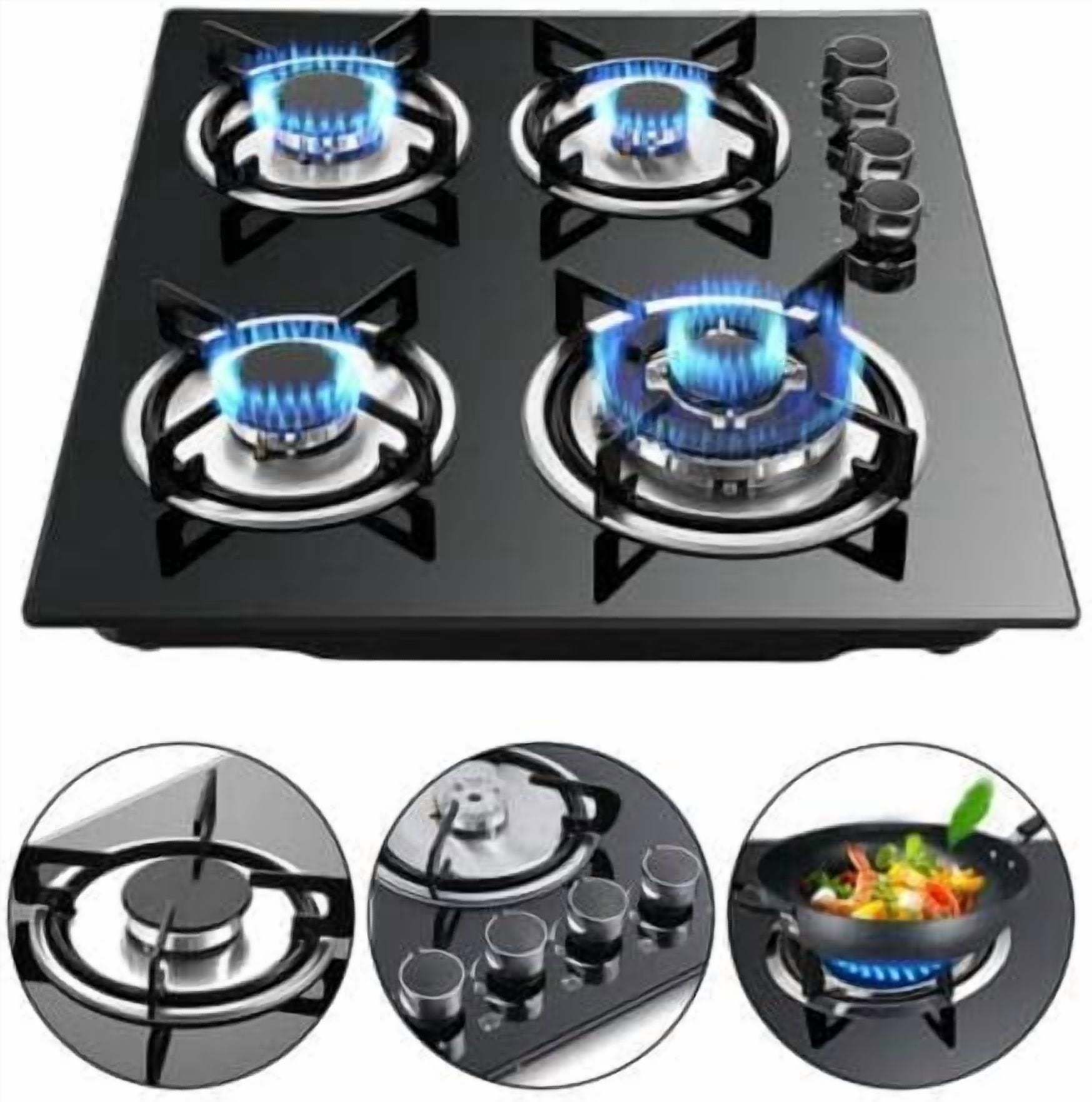 23” Built-in Gas Cook Cooktop Stove, 4 Burner NG/LPG Gas Hob Cooktop Electronic Ignition High-Power Gas Stove Countertop Tempered Glass Easy to Clean Cooker