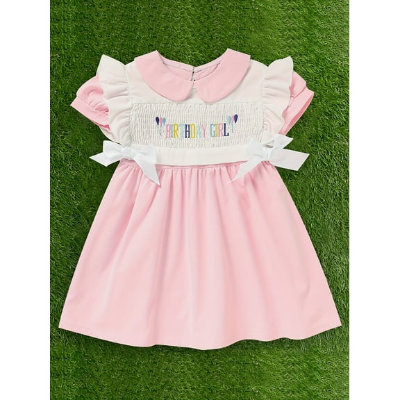MORTTIC Girls' Pink Smocked Birthday Dress Summer Short Sleeve Detachable Collar "Birthday Girl" Embroidery Knee-Length Party Dress