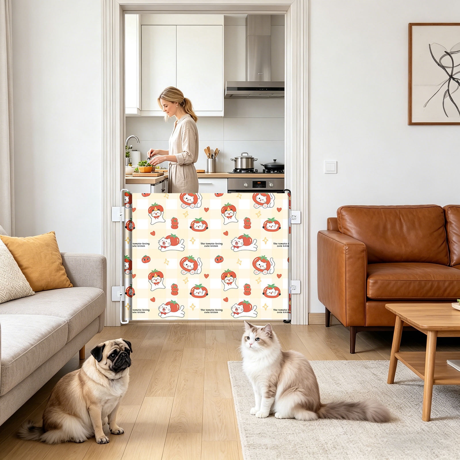 Pet Barrier No Drill Dog Cat Safety Gate Cute Retractable Roll-Up Fence for Small to Medium Pets Doorway Stair