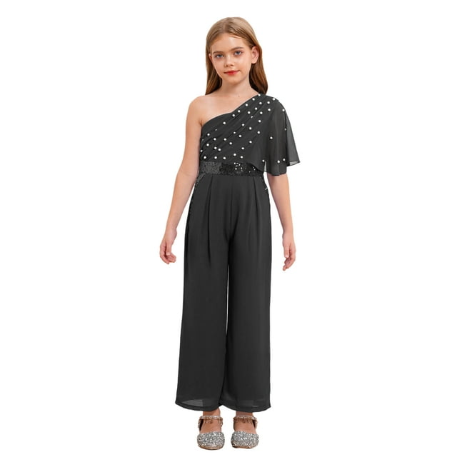 Sinleey Girls Ruffled Sequins Jumpsuit One Shoulder Wide Leg Long Pants Romper Wedding Prom Playsuit Black 8