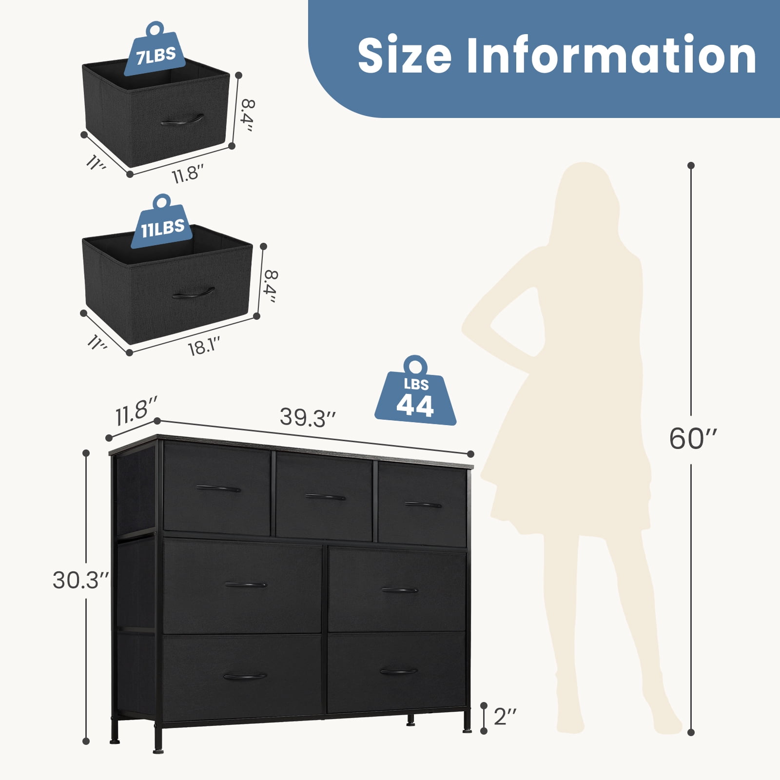 MAYEERTY 7-Drawer Fabric Storage Tower, Versatile Organizer with Wood Top for Bedroom, Living Room, Black