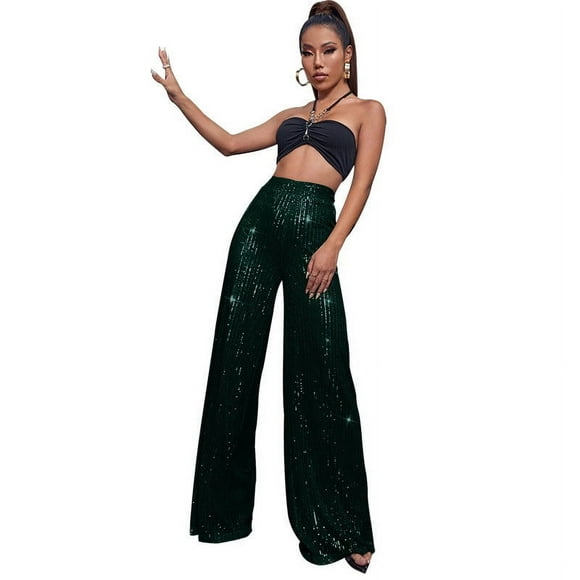 Jsaierl Women's Glitter Sequin Palazzo Pants Elastic Waisted Straight Wide Leg Party Leggings Solid Color Plus Size Baggy Night Out Pants