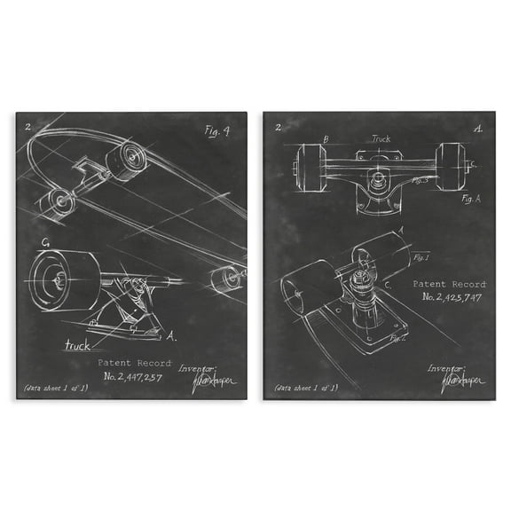 Stupell Industries Patent Diagram of Skateboard Sports Painting Wrapped Canvas Art Print Wall Art, 16 x 20, Set of 2