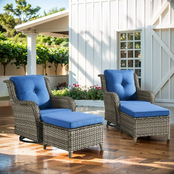 Gymojoy 4Pcs Outdoor Swivel Glider Wicker Patio Lounge Chair Conversation Set Patio Chairs Chat Set with Ottomans,Gray/Navy