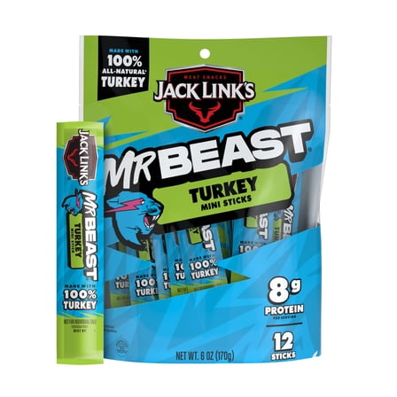 Jack Link’s x MrBeast ESF27 Turkey Mini Sticks - Protein per 2 Individually Wrapped Meat Sticks, Made with 100% All Natural Turkey, Zero Sugar, Pantry-Ready, Kids Snacks, 12 Count of .5oz Sticks