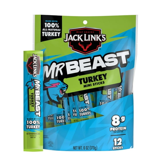 Jack Link’s x MrBeast Turkey Mini Sticks - Protein per 2 Individually Wrapped Meat Sticks, Made with 100% All Natural Turkey, Zero Sugar, Pantry-Ready, Kids Snacks, 12 Count of .5oz Sticks