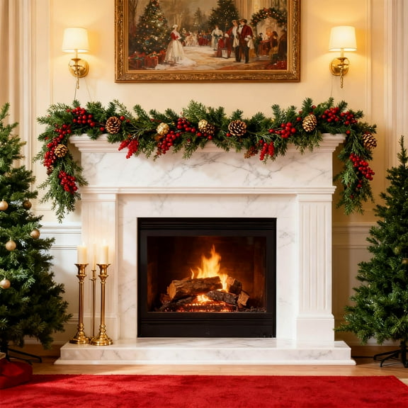 6 Ft Christmas Garlands - Norfolk Pine Garland, with Berries Pine Cones, Soft Rubber Greenery Garland, Christmas  Decorations for Winter Holiday Wedding Mantle