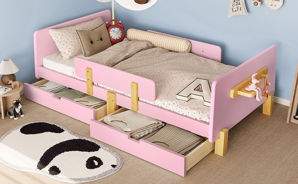 Yoneston Twin Size Kids Platform Bed with 2 Storage Drawers, Solid Wood Todder Bed Frame with Guardrails and Hooks for Boys Girls, Pink