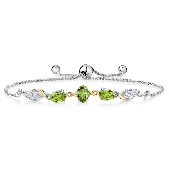 Gem Stone King 925 Silver and 10K Yellow Gold Green Peridot and White Moissanite and Lab Grown Diamond Tennis Bracelet for Women By Keren Hanan (1.57 cttw, Adjustable up To 9 inch)