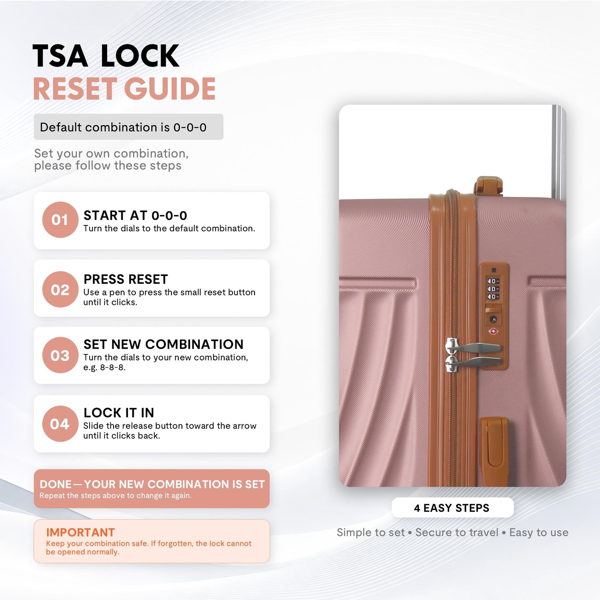 3-Piece ABS Hardshell Luggage Set, Lightweight Durable Suitcases with 4 Silent Spinner Wheels & TSA Lock, Wave-Embossed Scratch-Resistant Shell, 20/24/28 Inch, Rose Gold