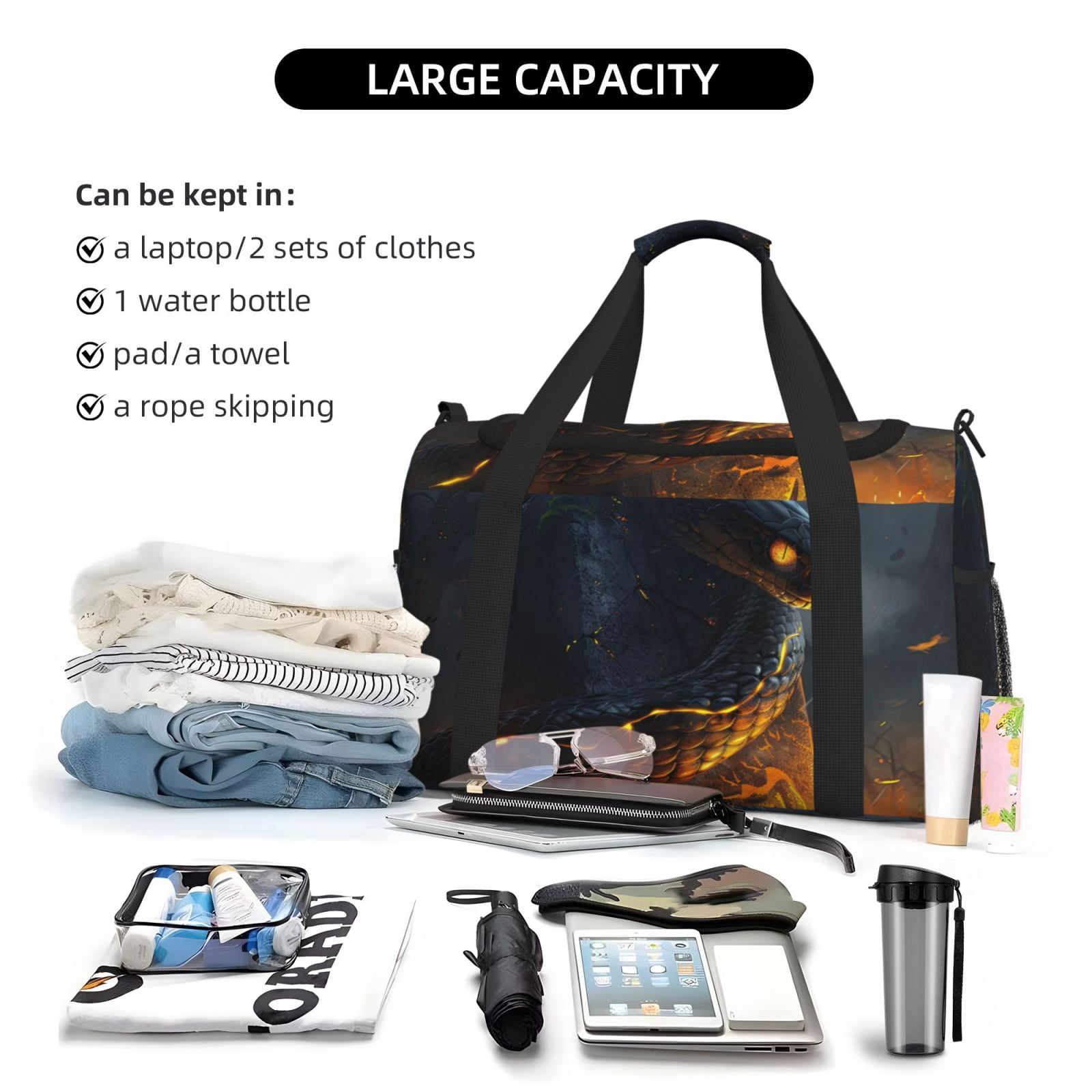 Fuzoiu Glowing Snake Dark Forest Print Travel Duffle Bag,Carry On Tote Bags,Duffel Bag,Sport Gym Bag, Hospital Bag for Labor and Delivery, Overnight Bag,Luggage Bag