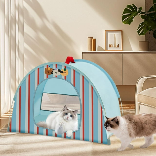 Tienda de campaña para gatos con ventana, cueva nido, escondite, linda cama plegable portátil para mascotas, tienda de campaña para perros pequeños, Azul