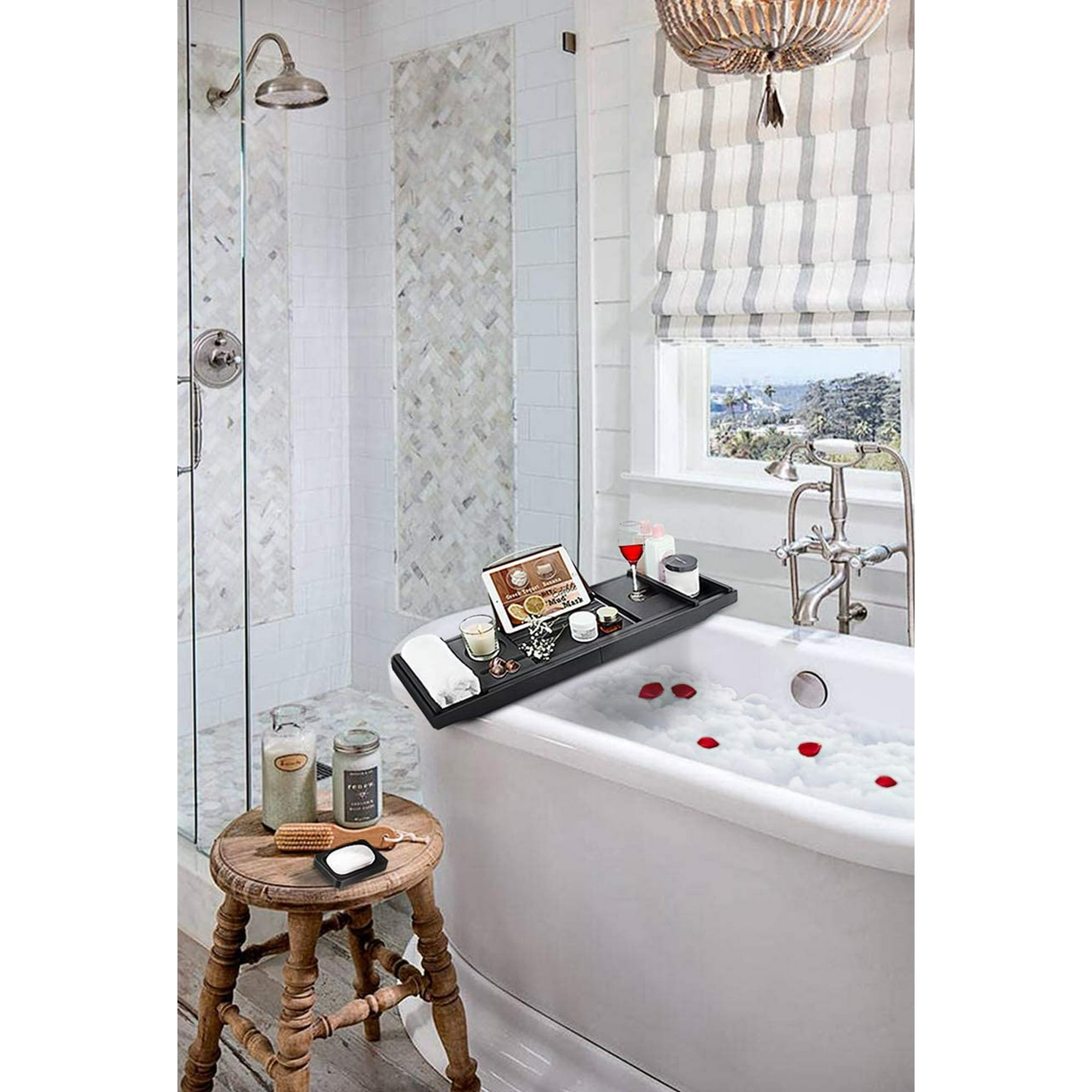 Bamboo Black Bathtub Tray Bathtub Caddy with Soap Box Luxury Natural Wooden Bathtub Tray Bath Tray for Tub Bath Tub Table Caddy Bathroom Caddy