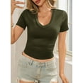 thumbnail image 5 of Summer Short Sleeved Deep V-neck Solid Color Women Slim Fit T-shirt, 5 of 6