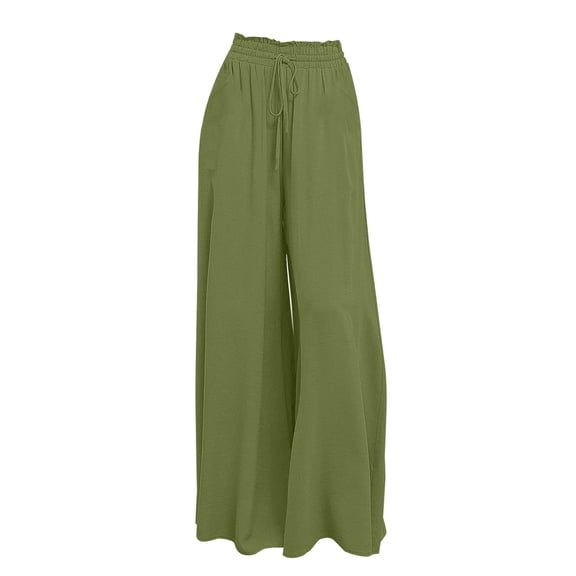 Outfmvch Womens Linen Pants Drawstring Elastic Waist High Waisted Linen Pants Women Flowy Wide Leg Drawstring High Waist Gauchos for Women Wide Leg Linen Pants Flowy Lounge Trousers Green S-2XL