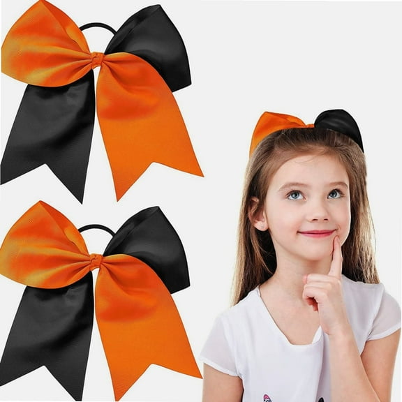 2 Packs Cheerleading Bow 8 Inch Cheer Hair Bows Large Cheerleading Hair Bows with Ponytail Holder for Teen Girls Softball Cheerleader Outfit Uniform (Orange and Black)