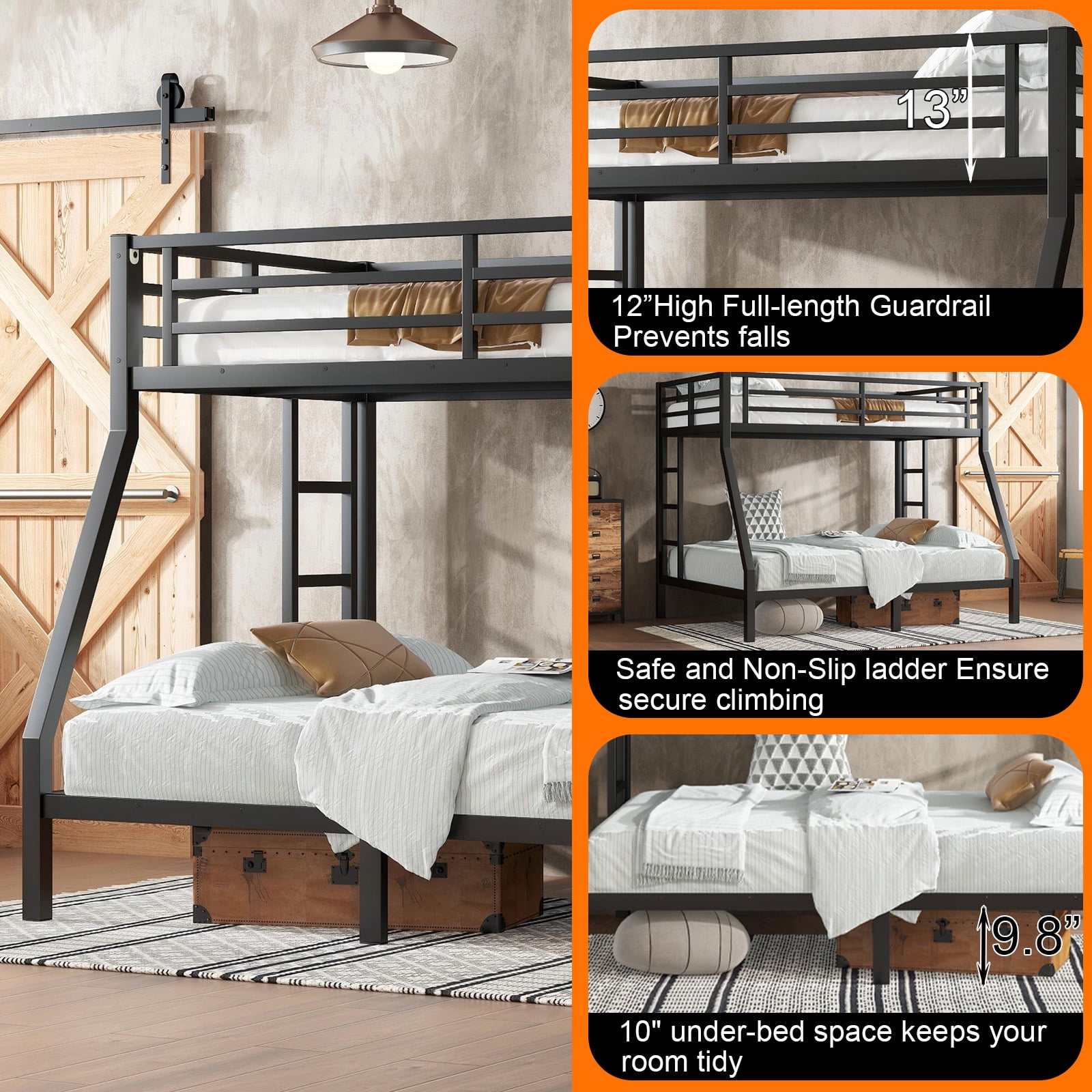 Miniyam Twin over Full Metal Bunk Bed with Guardrail, Dual Ladders, Quiet Slat Support, Under-Bed Storage, Black
