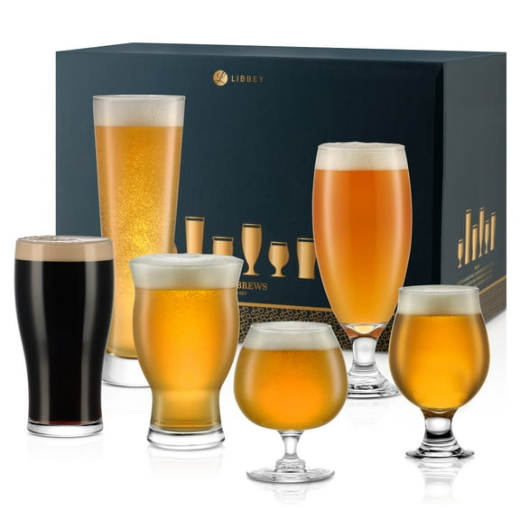 Libbey Craft Brews Assorted Beer Glasses Set of 6 with Gift Box – Lead‑Free Specialty Beer Glassware for IPA, Stout, Wheat, Lager, Sour & High‑ABV – Dishwasher Safe