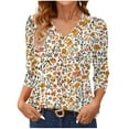 thumbnail image 2 of EchfiProm Tops for Women Y2k Yellow New Arrivals V Neck Classic Fit 3/4 Sleeve Floral Shirts, 2 of 6