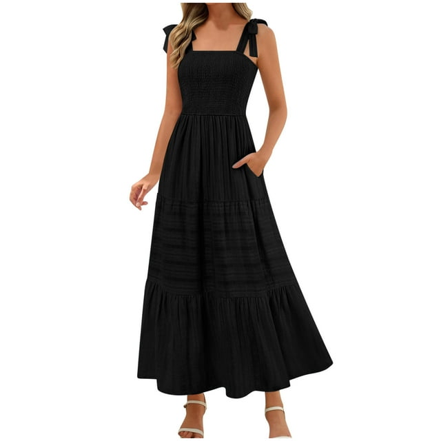 Lenpel Robes d'Été pour Femmes en Maille à Bretelles Spaghetti, Épaules à Nouer, Encolure Carrée, Robe Midi Plissée à Étages, Fluide, Décontractée