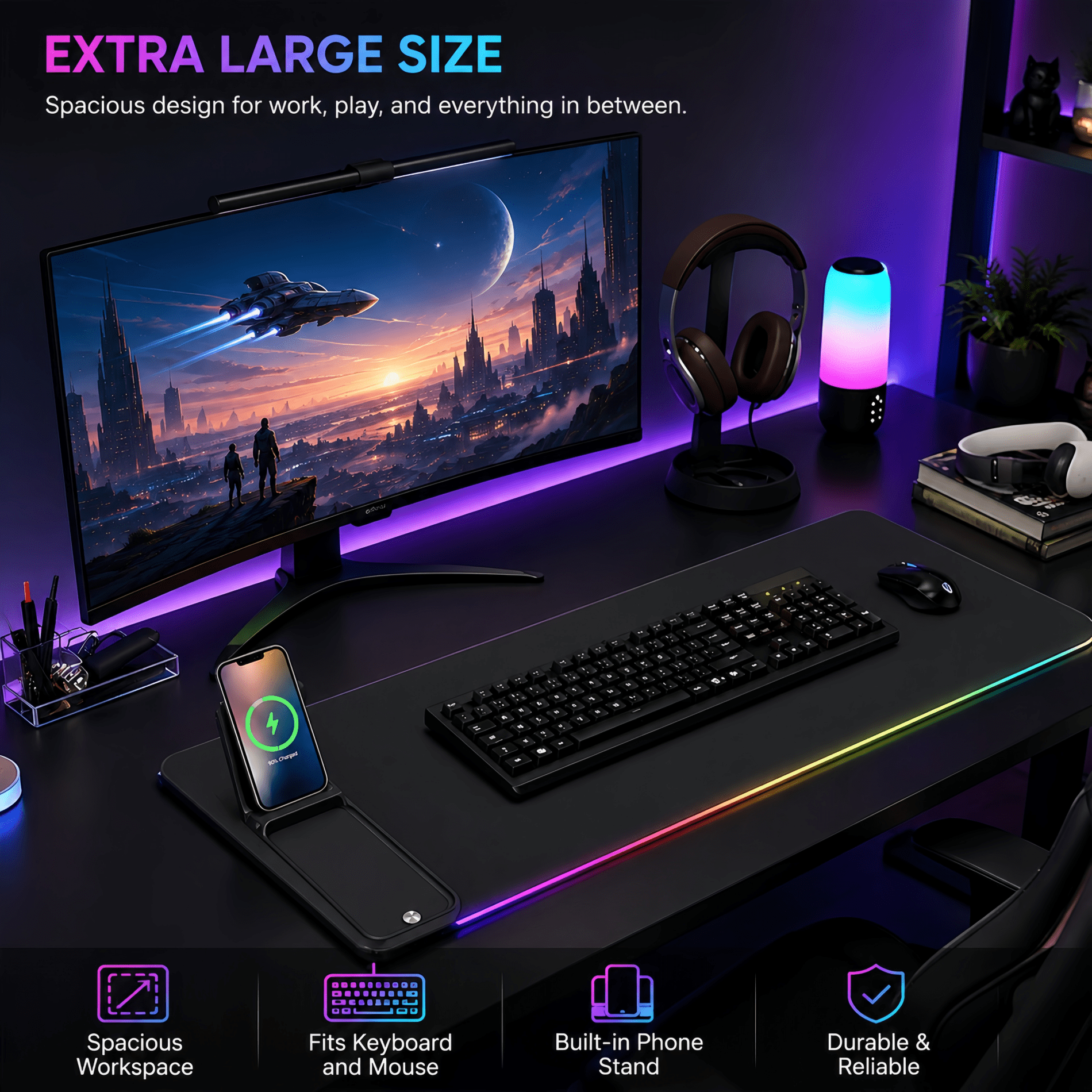 RGB Gaming Mouse Pad with Wireless Charging 15W,Large Laptop Led Mouse Pad,6 Light Modes Keyboard Pad with Phone Holder & Non-Slip Rubber Base,Waterproof Mousepad for Gaming Home Office