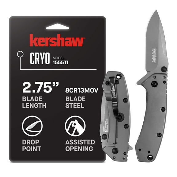 Kershaw Cryo (1555TI), 2.75” 8Cr13MoV Stainless Steel Blade, Stainless Steel Handle, Titanium Carbo-Nitride Coating, SpeedSafe Assisted Opening, Frame Lock, 4-Position Deep-Carry Pocket Clip, 4.1 OZ.