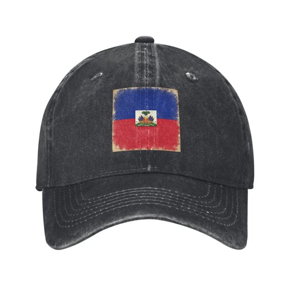 Washed Baseball Cap Haitian Flag Pattern Retro Adjustable Dad Hat Gift for Men Women Black