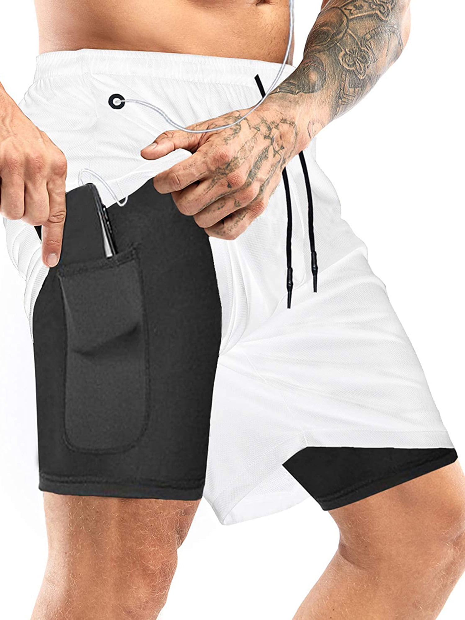Genuiskids Mens 2 in 1 Running Shorts | Gym Workout Athletic Training Compression Underwear Liner Double Layer Sports Shorts with Headphone Hole White -