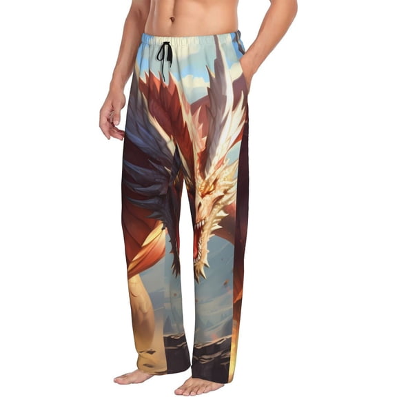 Mens Pajama Pants Bottoms with Pockets - Ferocious Dragon Fury Comfy Mens Pj Pants, Soft Men Lounge Pants