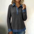 thumbnail image 6 of Trendfront Womens Denim Patchwork Knit Tops Lapel Collar Casual Loose Fit Long Sleeve Tee Trendy Fashion T Shirts Pullover Daily Outfits, 6 of 7