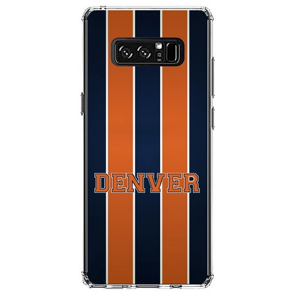 DistinctInk Clear Shockproof Hybrid Case for Samsung Galaxy Note 8 - TPU Bumper, Acrylic Back, Tempered Glass Screen Protector - Orange Navy Broncos - Football Team
