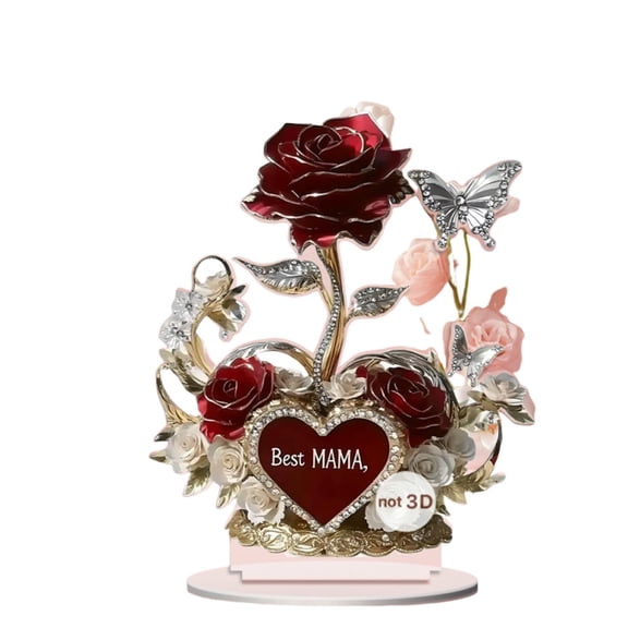 KDFWDM 2D Acrylic Heart Rose Ornament for Mother's Day - Elegant Floral Keepsake with Engraved Details, Gift for Mom Grandma Wife, Tabletop or Wall Decoration for Home Office