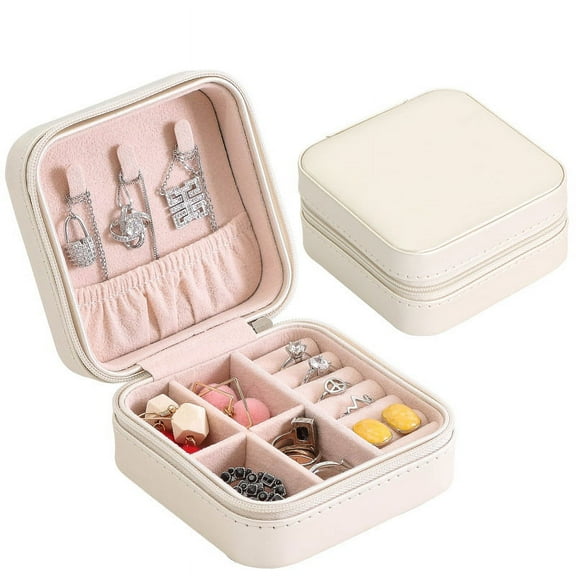 Mini Jewelry Box, Travel Jewelry Case for Women Girls, Leather Small Jewelry Travel Organizer Jewelry Display Box, Portable Storage Box for Necklace Earring Ring Pendant, White