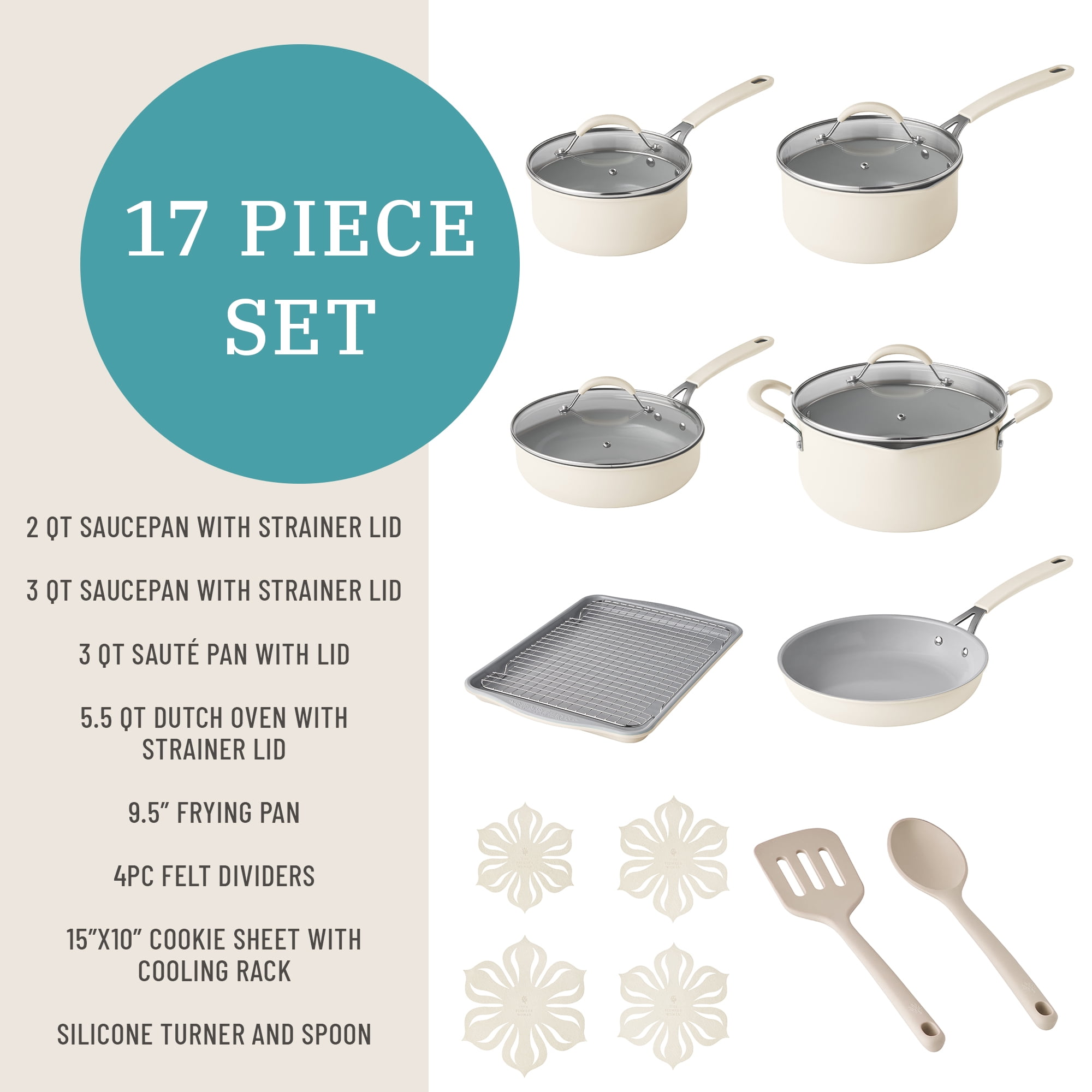 The Pioneer Woman Sutton 17-Piece Ceramic Cookware Set with Strainer Lids and Cookie Sheet with Rack, Cream