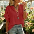 thumbnail image 2 of hlysgo Women's Cotton Blend Tops Notched V Neck Blouse Double Layer Frayed Raw Edge Sleeve Boho Beach Vacation Shirts Red,2xL, 2 of 6