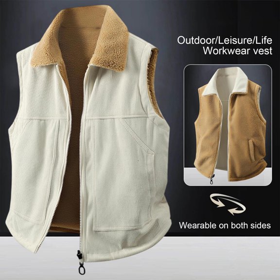 DayScoop Winter Vest for Men Fashion Sleeveless Jacket Big & Tall Casual Solid Color Double-Sided Corduroy Lamb Wool Top Plus Size