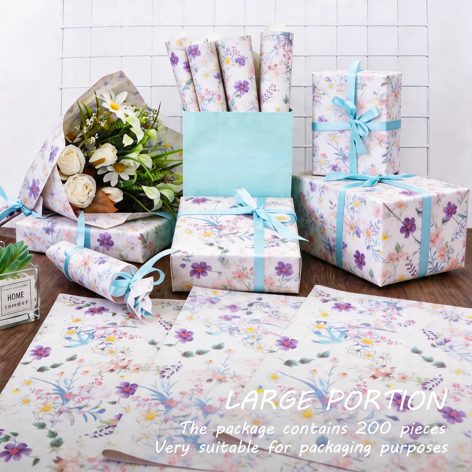 Floral Tissue Paper, 20x14"200 Sheets Vintage Wildflower Present Wrapping Tissue Paper for Wedding Birthday Party Decor Box Basket Filler