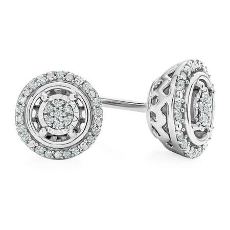 1 10 Carat Natural Diamond Halo Stud Earrings In Sterling Silver 1 10 Carat Natural Diamond Halo Stud Earrings In Sterling Silver