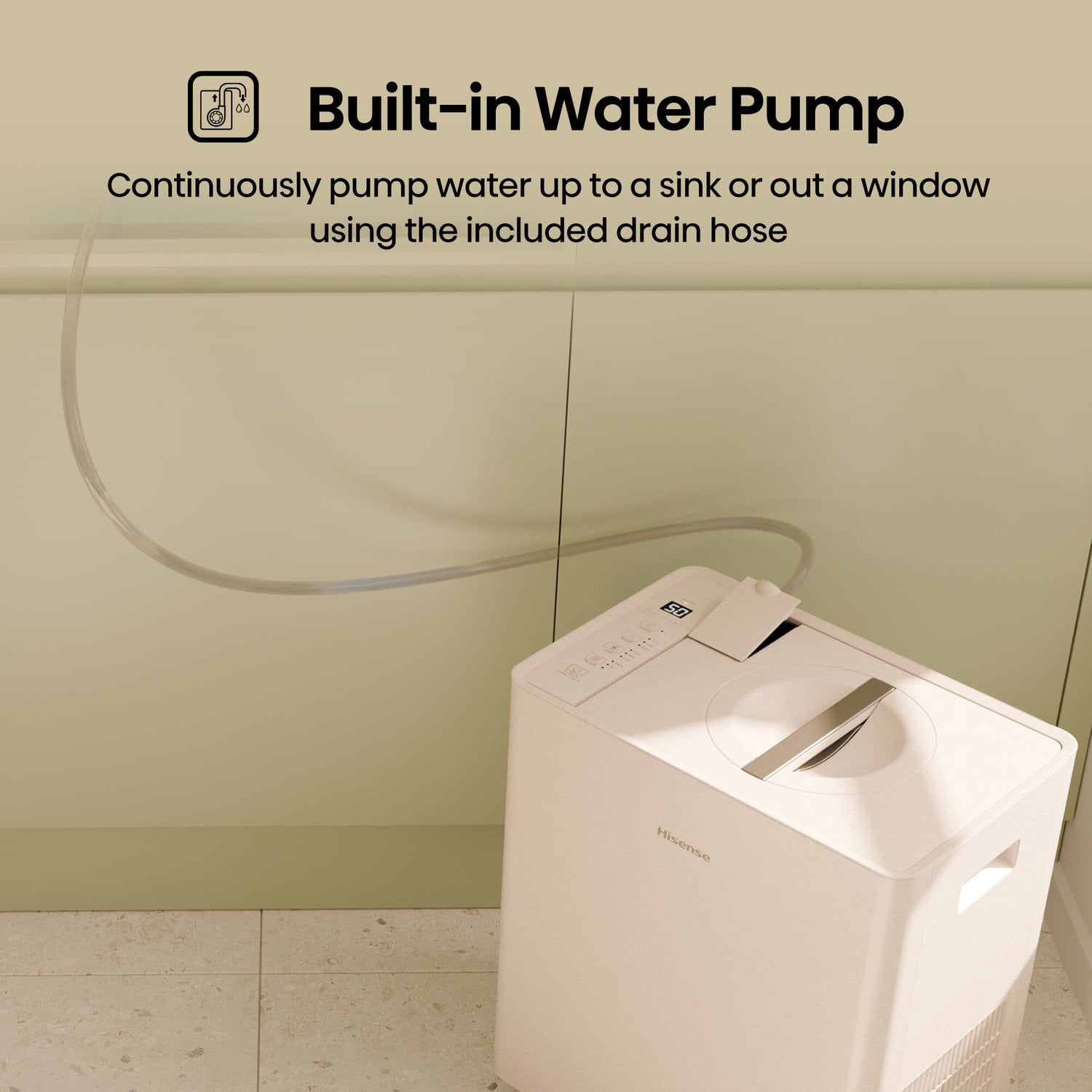 Hisense 50 Pint Lift-Up Dehumidifier with Pump in White - Built-In Pump, ALDH50KP26