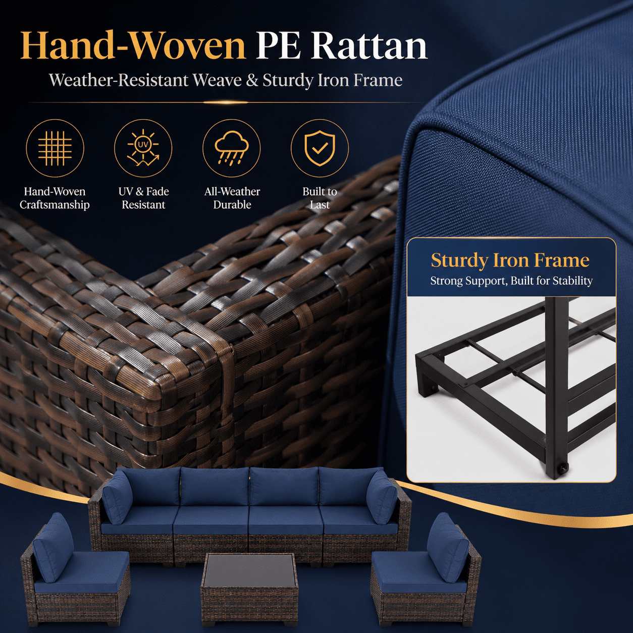 Patio Furniture Set on Sale, 7 Piece Luxurious Rattan Outdoor Sectional Set, All-Weather Wicker Porch Patio Couch w/Coffee Table, Thick Cushion Outdoor Sofa, Brown