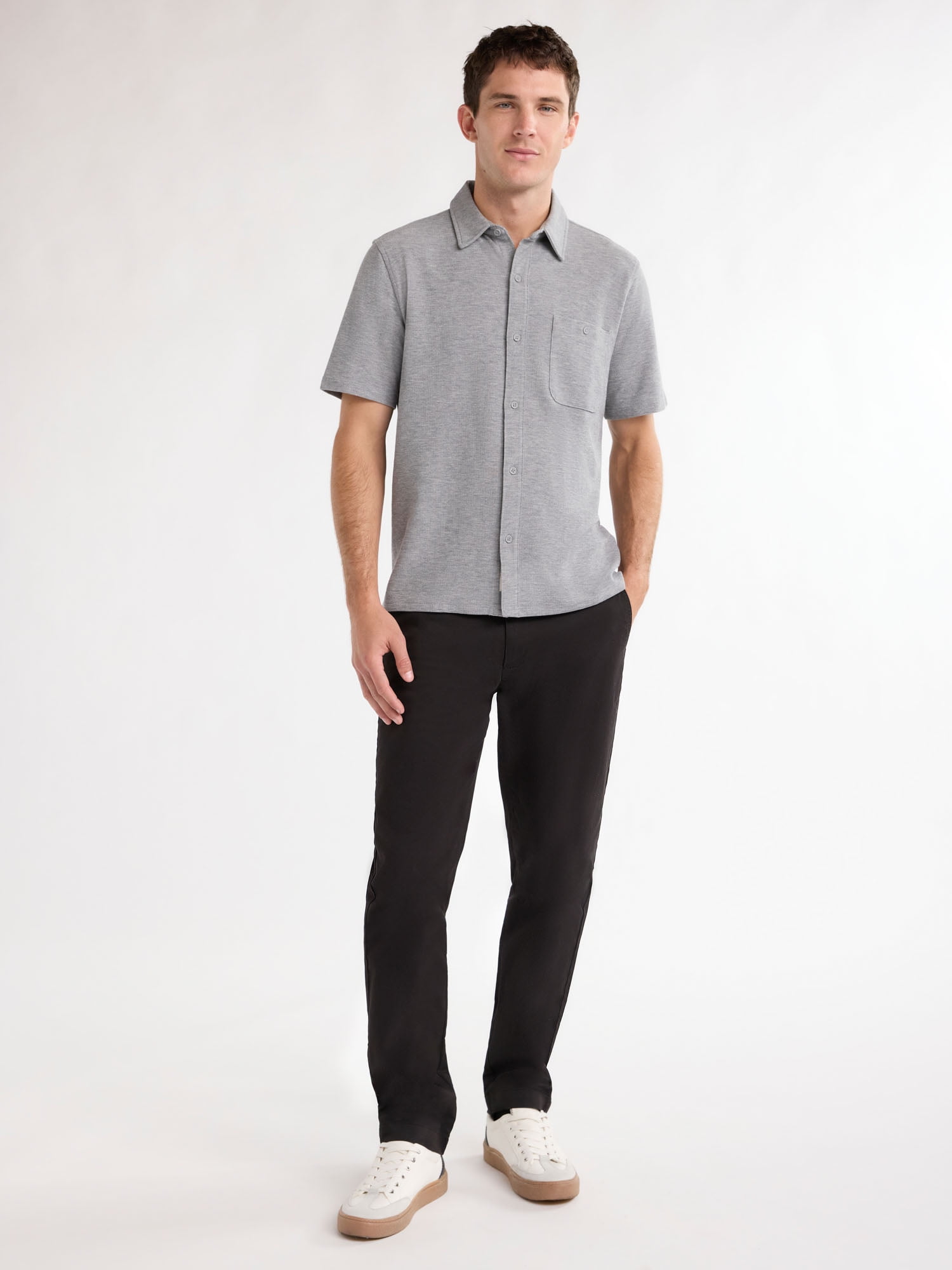 Free Assembly Men's Waffle Knit Button-Up Shirt with Short Sleeves, Sizes XS-3XL