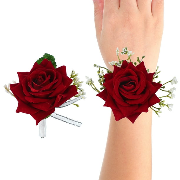 Uxcell Ramo de muñeca de novia, para trajes de novio, novia, padrinos, ceremonia de boda, cena de aniversario, fiesta roja