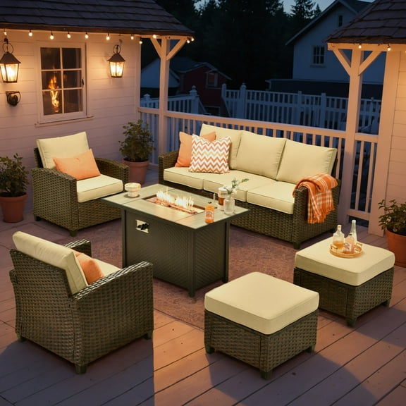 Vcatnet Outdoor Patio Furniture Sets with 42" Gas Propane Fire Pit Table 6 Pieces All Weather Sectional Sofa PE Rattan Wicker High Back Conversation Set with Ottoman,Beige